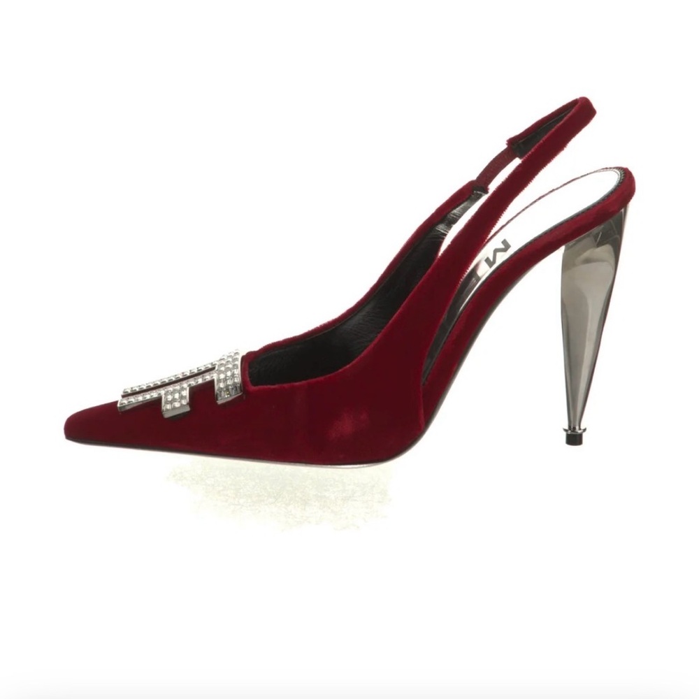 Tom Ford Ruby Red Velvet Slingback Pumps with Crystal TF Emblem - Picture 3 of 5